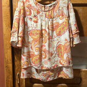 Valerie Stevens Ivory Paisley Flutter-Sleeve Blouse - Orange & Pink